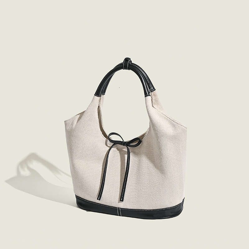 Korean Niche French Bow Tote Splicing Simple Commuting Versatile Shoulder Solid Color Casual Large Bag