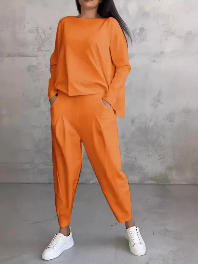 Autumn Winter Solid Color Pants Set Fashion Irregular Long Sleeve Tops Harem Two Piece Casual Female Clothing 250206