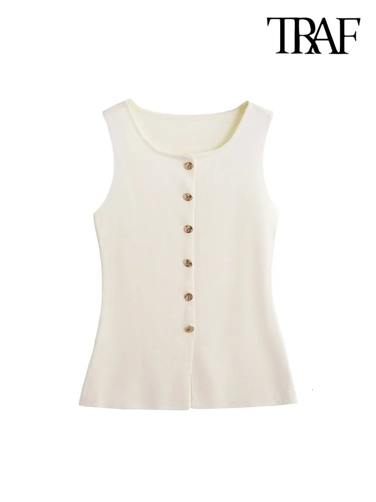 TRAFWomens Knitted Vest with Golden Buttons Sleeveless Sweater O Neck Chic Tops Female Waistcoat Fashion 250207