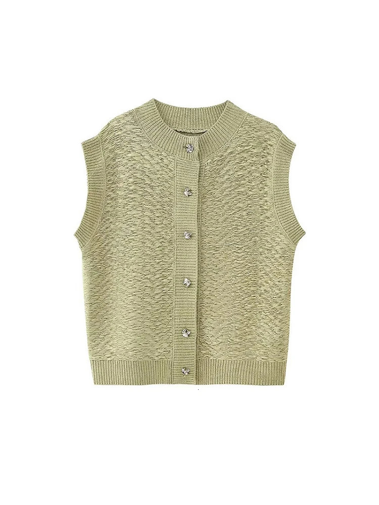 Knitted Green Singlebreasted Sweater Vests for Women Fashion Sleeveless ONeck Knitwear Autumn Lady Allmatching Cardigan 250207