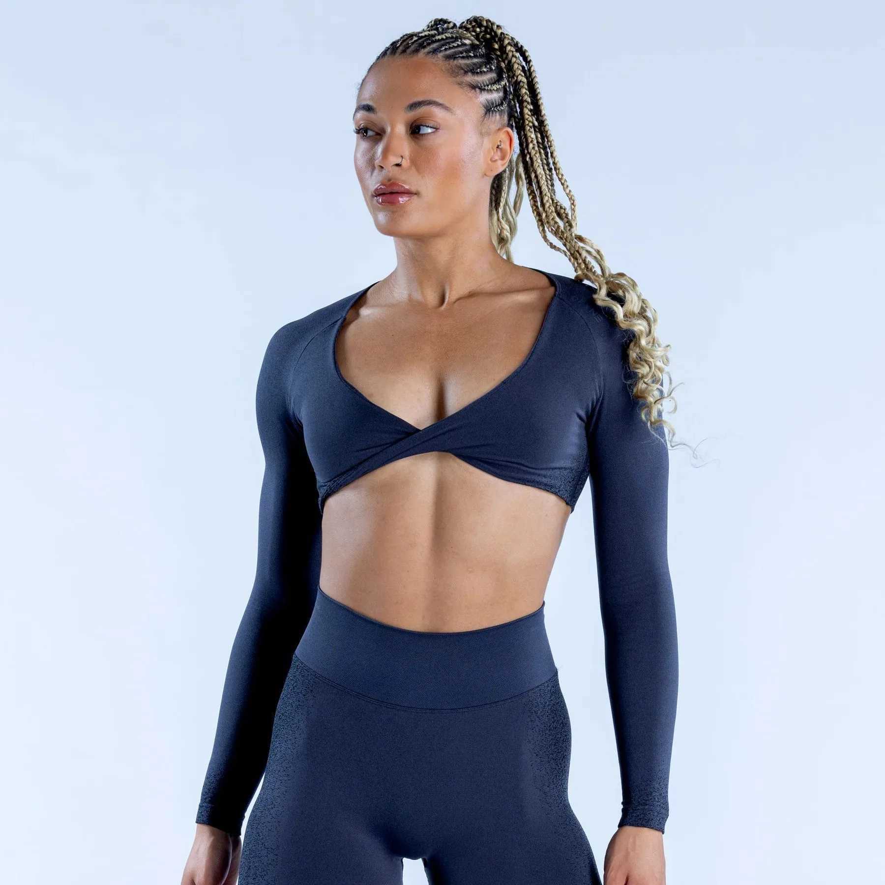 Yoga Outfit Ignite Twist Front Crop Top Womens Deep V-neck Seamless Clothing Gym Wear Sexy Long Sleeve Workout Sports T-shirt H250207