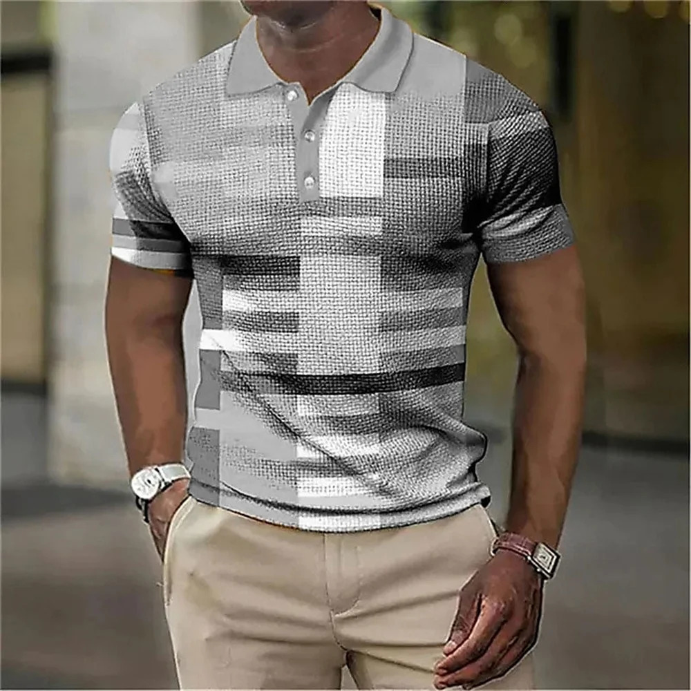 Fashion Mens Polo Striped Plaid Print Vintage Clothing HighQuality Top Street Casual Short Sleeved Loose Oversized Shirt 250207
