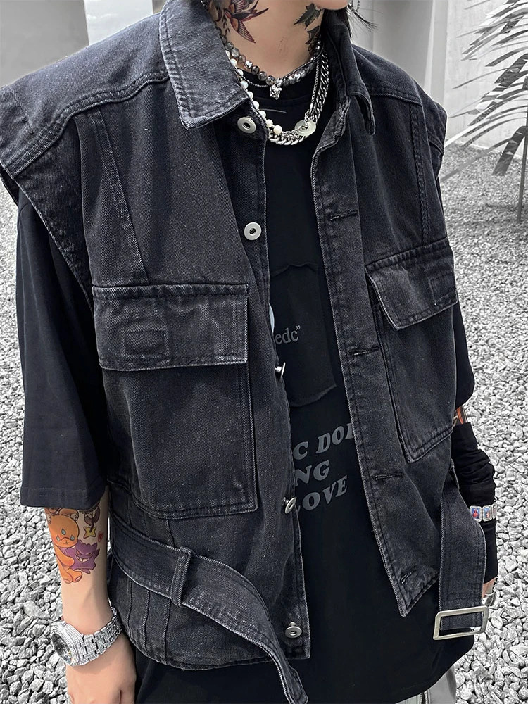 EDDACHIC Function Pockets Cargo Sleeveless Denim Jacket Men Retro Black Wash Fall Layering Vest Casual Grunge Y2k Streetwear 250207
