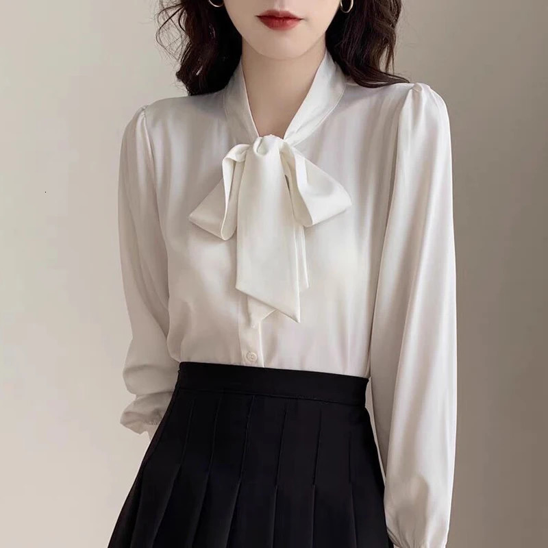 2025 Spring Autumn Satin Womens Bow Blouse Blue Long Sleeve Turndown Collar Casual Elegant Korean Office Lady Shirt Female 250121