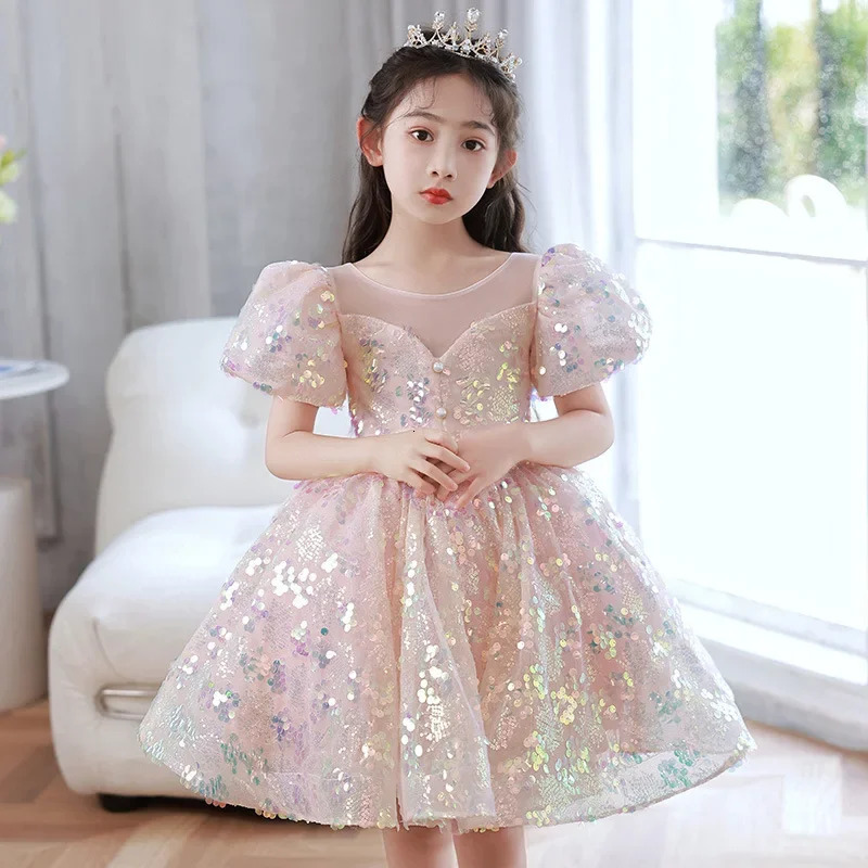Kids Birthday Party Dresses for Little Girl Size 2 To 14 Years Prom Sequin Dress Gowns Sky Blue Evening Formal Frock 250114