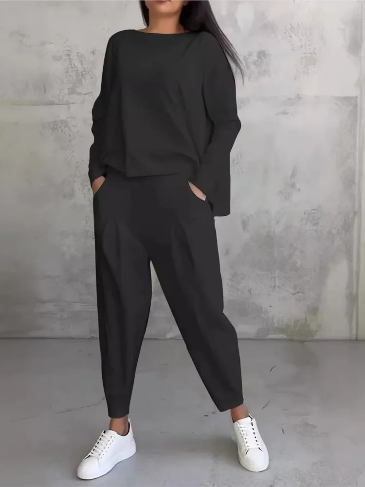 Autumn Winter Solid Color Pants Set Fashion Irregular Long Sleeve Tops Harem Two Piece Casual Female Clothing 250206