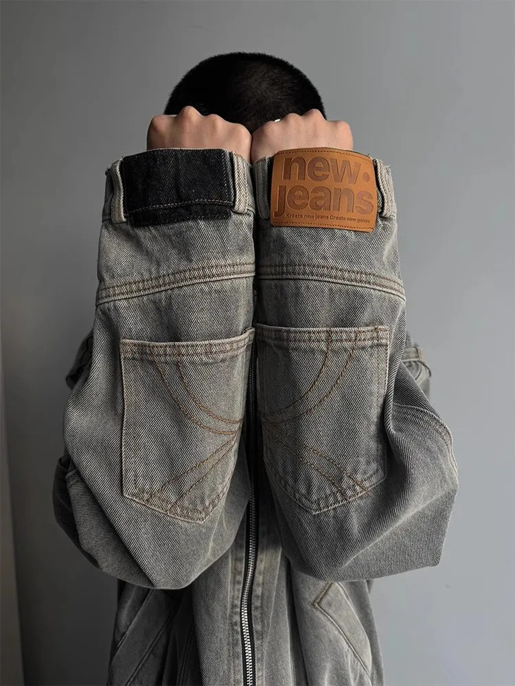 REDDACHIC Upside Down Men Cargo Denim Jacket Patchwork Multipocket Wash Do Old Stand Collar Zipup Coat Moto Vintage Outerwear 250207