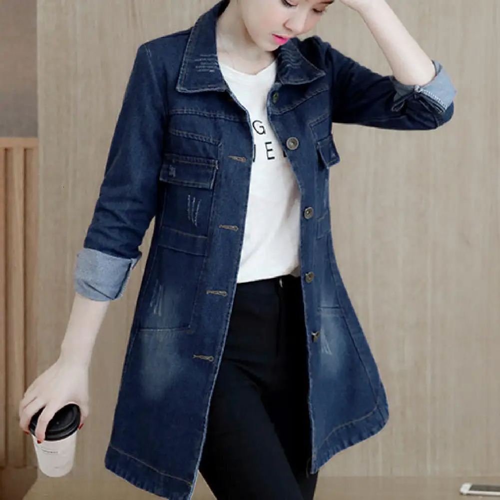 Fashion Single Breasted Long Denim Jacket Shrink Resistant Womens Irregular Hem for Vacation 250208Z