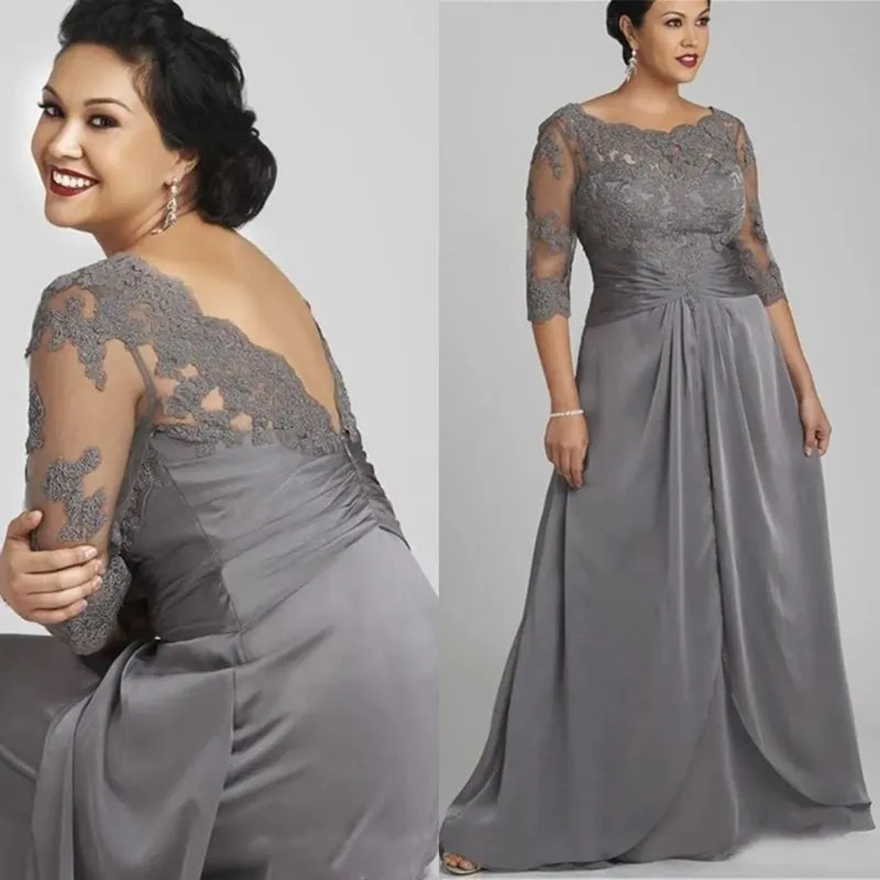 Scoop Neck Long Mother Of The Bride Dresses V-Back Lace Appliques Satin Plus Size A-Line Evening Formal Dress 3/4Long Sleeves Elegant Wedding Guest Go