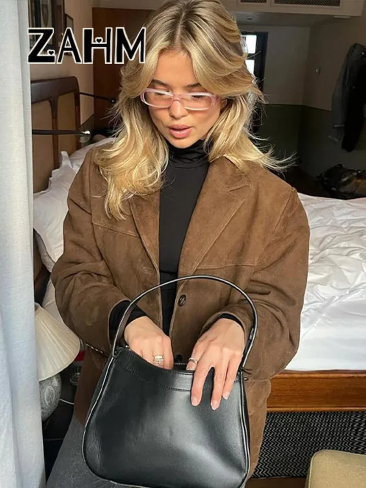 Vintage Suede Womens Suit Coat Loose Lapel Single Breasted Pockets Blazer Jacket 2025 Spring Lady Office Outwear 250208Z