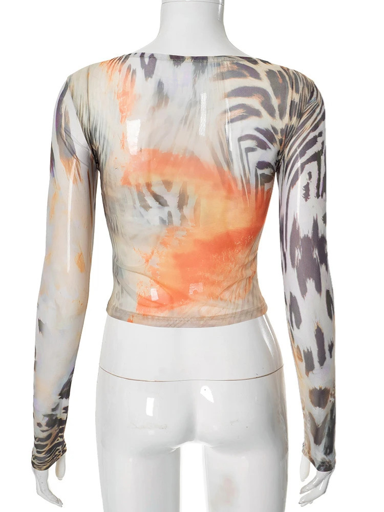 WLWXR Winter Abstract Animal Graphics Long Sleeve Crop Top Women Y2K Fashion Crew Neck Slim T-shirt Streetwear Basic Tees 250207