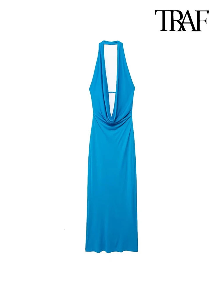 TRAFWomens Draped Halter Neck Midi Dress Backless Back with Strap Party Female Dresses Sexy Fashion 250207