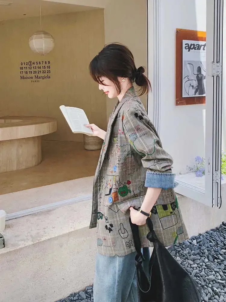 Grey checkered suit womens jacket spring/summer item double-layer corset collar loose casual graffiti print set 250207