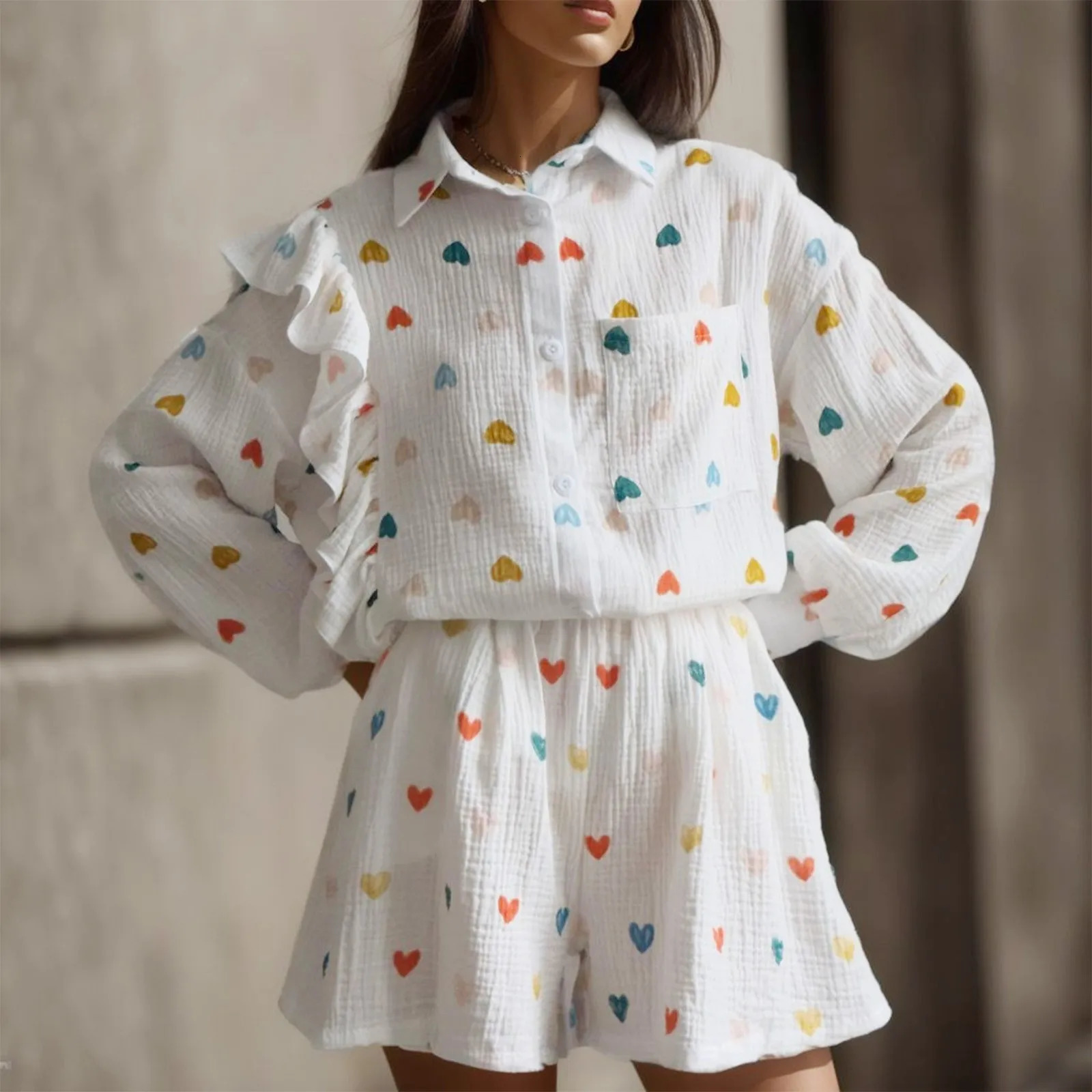 Womens Sweet Love Heart Print Ruffles 2 Piece Outfits Fashion ShirtShort Lounge Sets Long Sleeve Cotton Linen Home Suits 250206