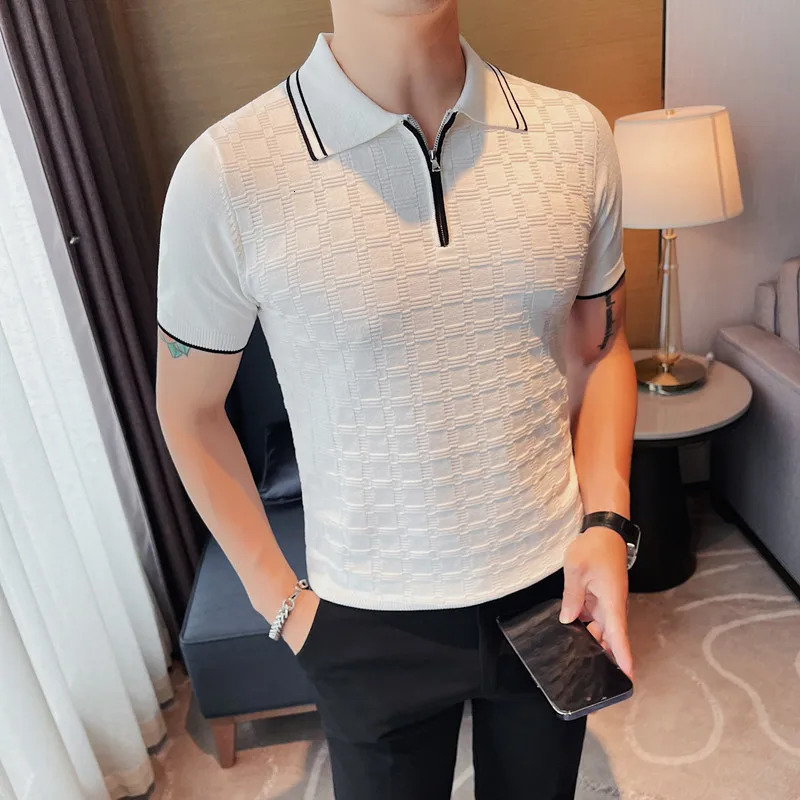 British Style Short Sleeve Tshirts Mens Plaid Knitted Polo Shirt Summer Zipper Decoration Casual Business Tee Tops Clothing 250207