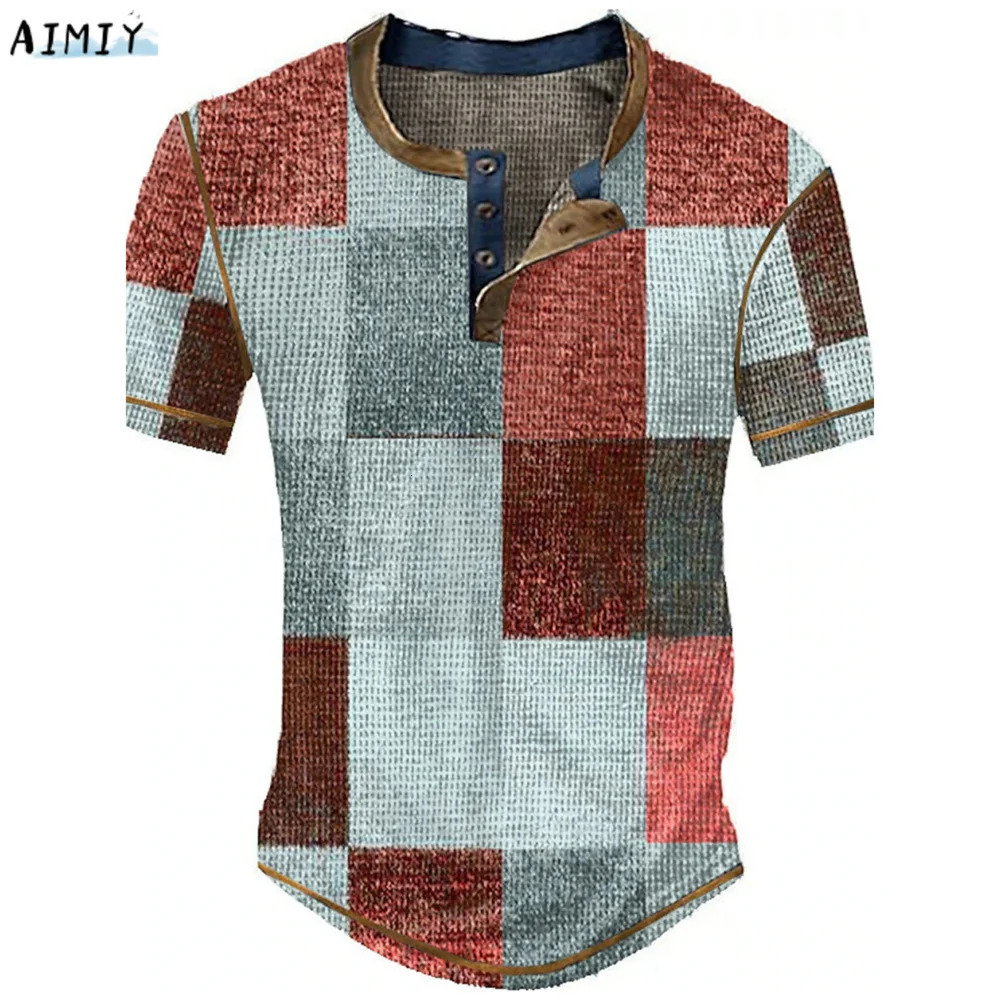 Mens Waffle Henley Oversize Tshirts Man Shirt Graphic Plaid Color Block Clothing Apparel 3D Print Short Sleeve Button Fashion 250207