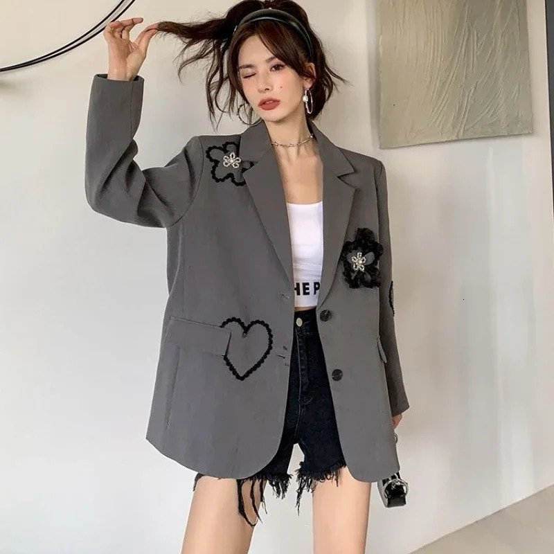 Vintage Oversized Women Blazers Long Sleeves Suit Jacket Flowers Embroidery er Clothing Coats Y2k Harajuku 250207