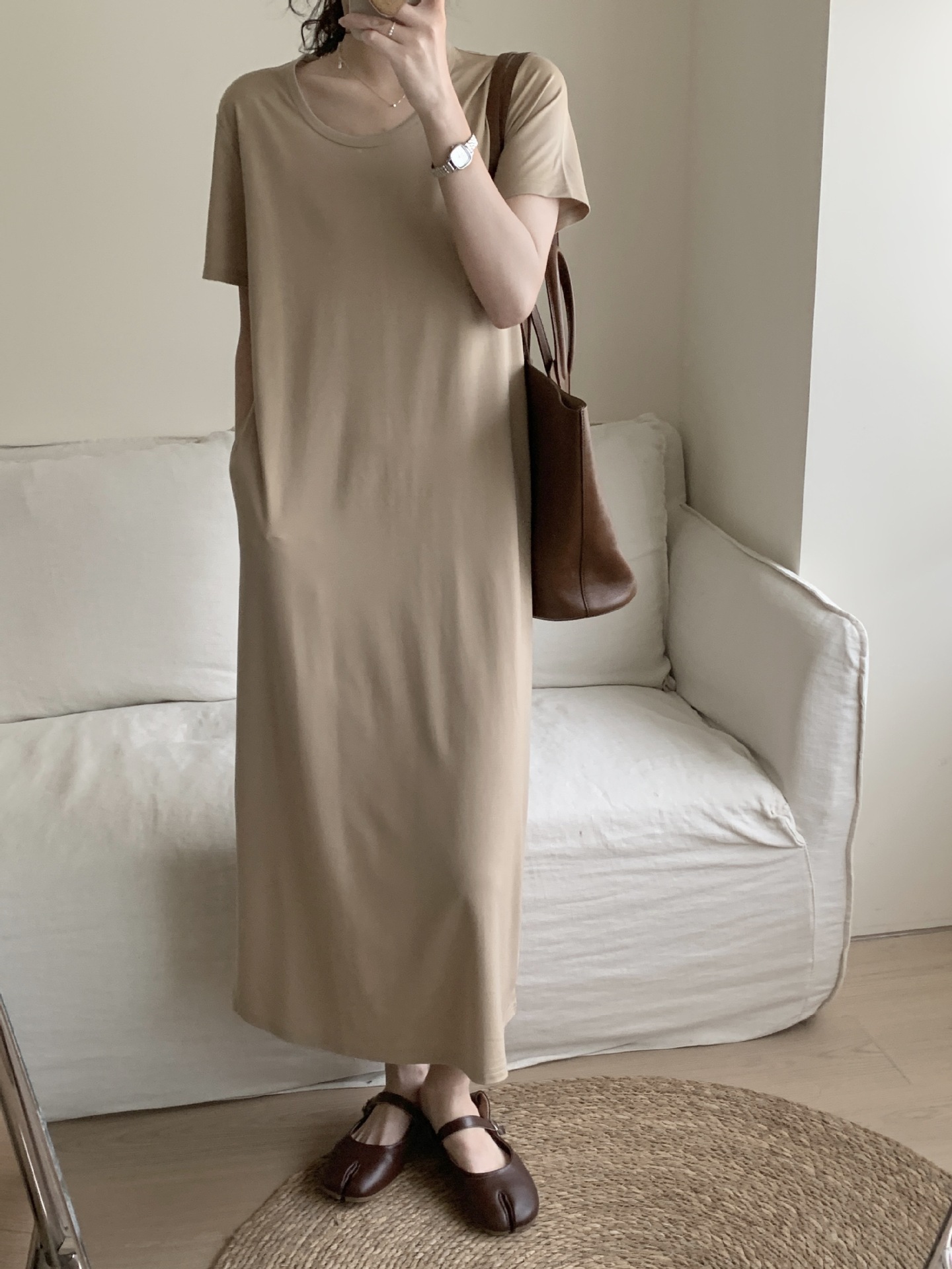 MU4178 Korean style simple and comfortable silk U-neck dress for women, casual and versatile, slim T-shirt dress