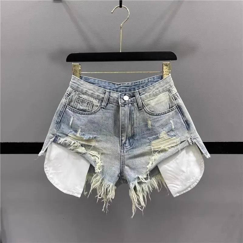 Korean Vintage Blue Sexy Ripped Jeans for Women Patchwork A-line High-waisted Denim Ultra Shorts 250207