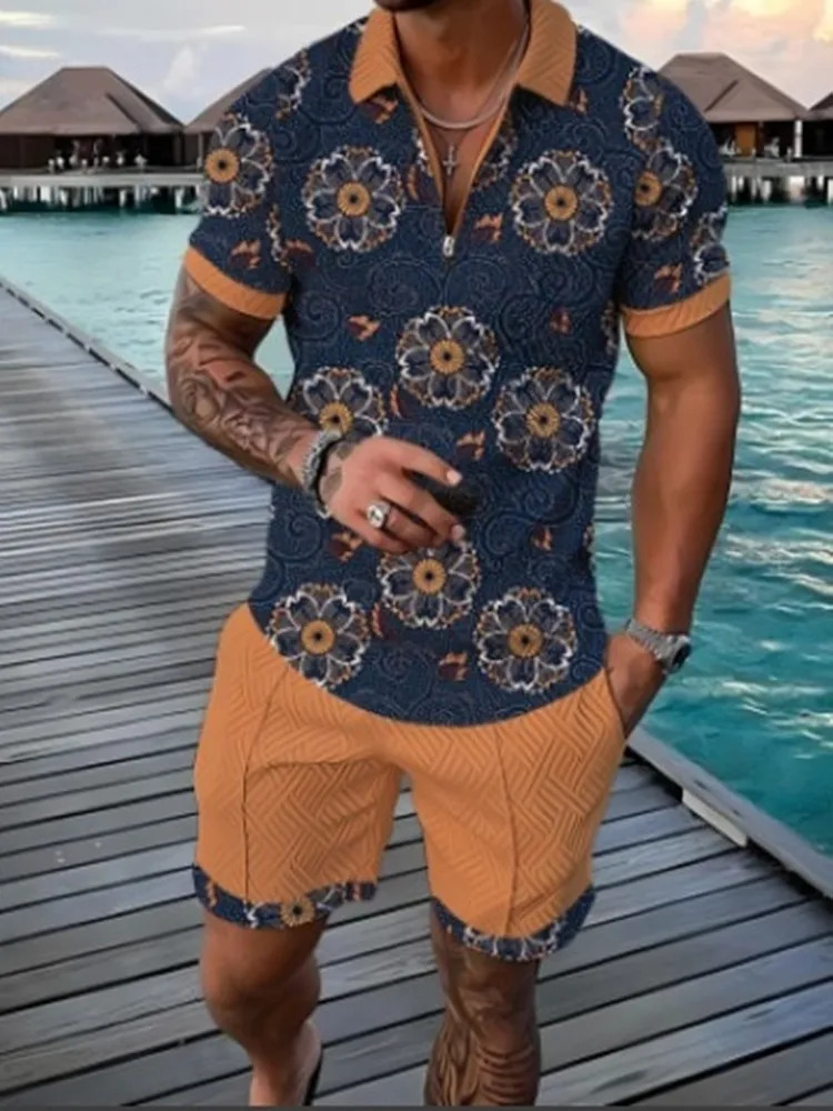 Fashion summer mens flower shirt casual holiday shortsleeved Polo set 3D printed clothing 2 pieces 250207