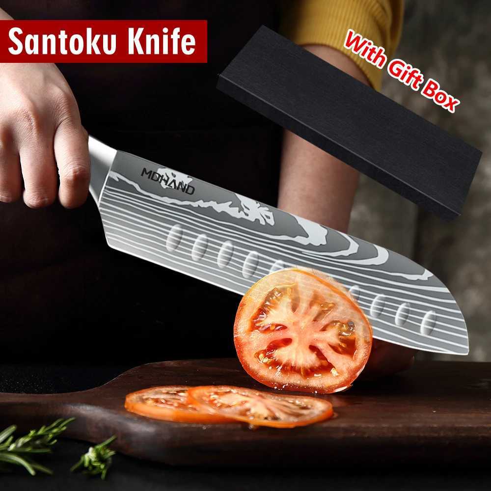 7 Inch Santoku Knife Laser Damascus Stainless Steel Kitchen Knives Professional Chef Knife Full Tang Vegetable Cutting Knife W250208