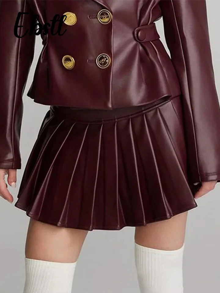 Double Breasted Leather Jacket Skirts Set Women Wine Red Lapel Slim Coat Pleated Mini Skirt 2024 Autumn Lady Chic Outfits 250109