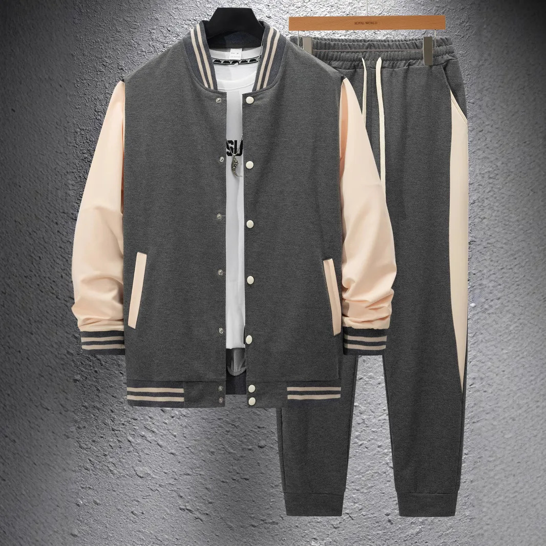 Autumn and winter thick baseball suit casual mens stand collar cardigan coat matching color sports long sleeve pants suit 250208