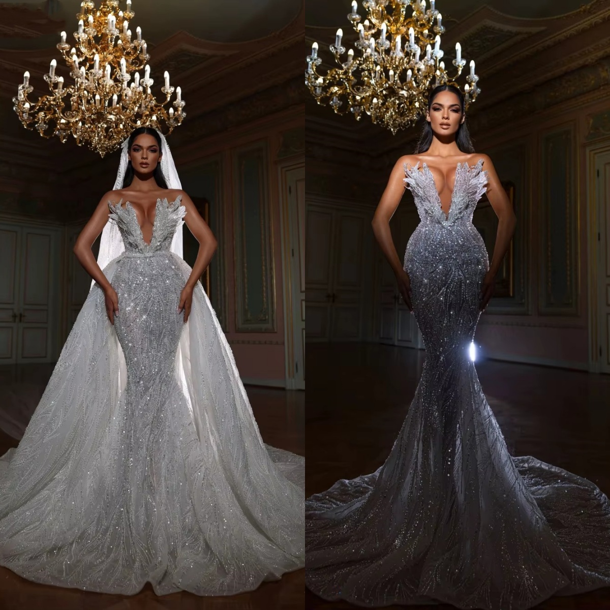Sexy Mermaid Wedding Dress Sweetheart Neck Sleeveless Bridal Gowns Sequins Lace Appliques Detachable Train Dresses Custom Made vestidos de novia