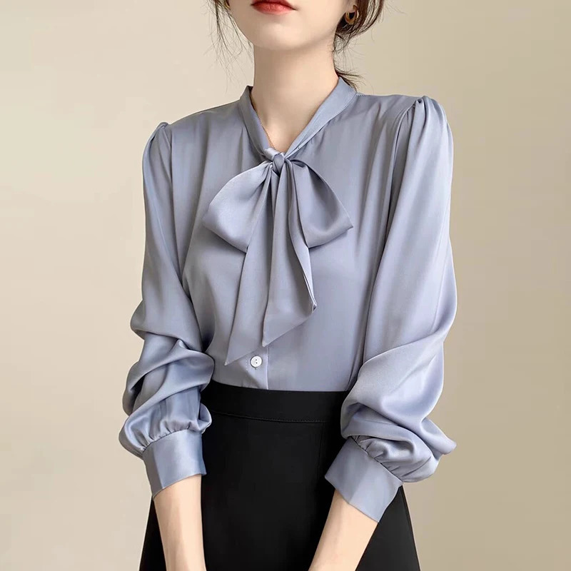 2025 Spring Autumn Satin Womens Bow Blouse Blue Long Sleeve Turndown Collar Casual Elegant Korean Office Lady Shirt Female 250121
