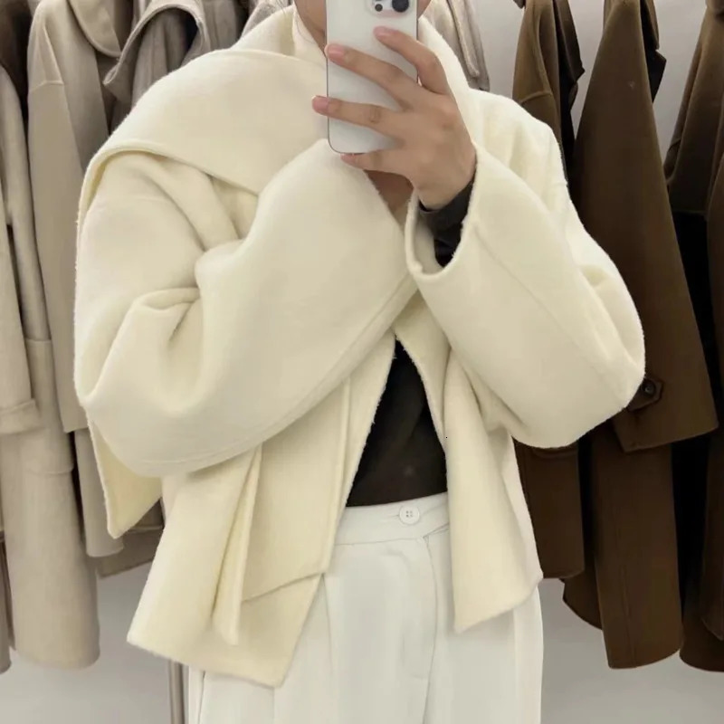 EWQ Fashion Allmatch Long Sleeve Scarf Collar Female Doublefaced Cashmere Coat Women Woolen Coats 2025 Winter Short Jacket 250109Z