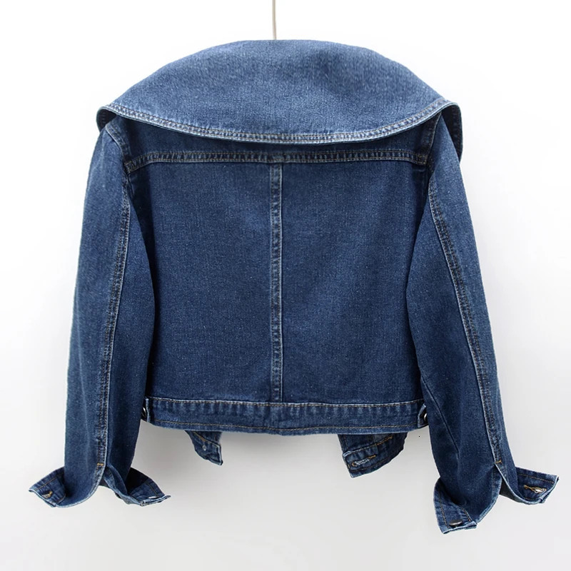 Peter Pan collar denim womens jacket Korean fashion long sleeved button up retro crop casual loose 250208Z