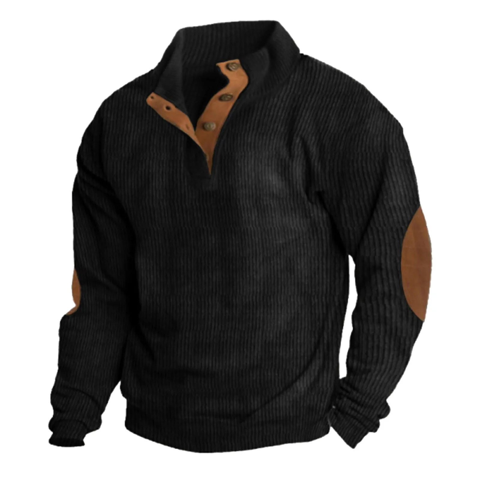 Mens Corduroy Shirt Lapel Collar Button Up Pullover Mock Neck Long Sleeve Sweaters Polo Sweatshirts with Elbow Patches 250207