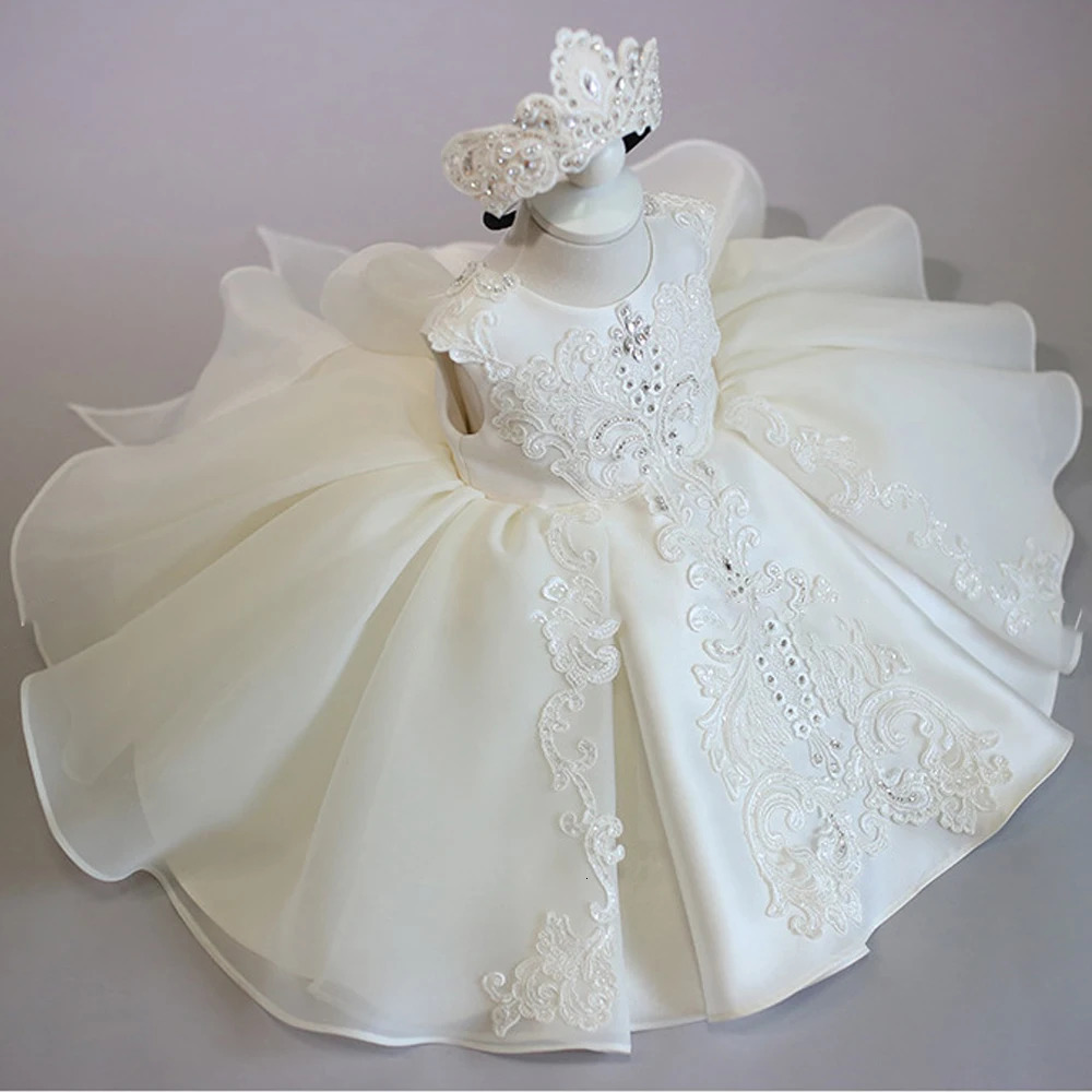 White Baby Girl Dress Children 1 Year Birthday Princess Dress Little Girl Flower Dresses Party and Wedding Baptism Dress Infant 250207