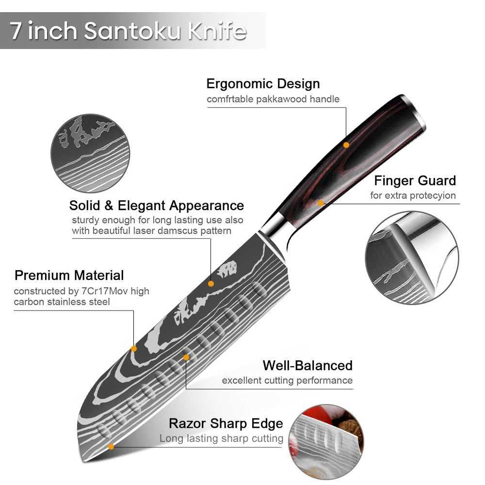 7 Inch Santoku Knife Laser Damascus Stainless Steel Kitchen Knives Professional Chef Knife Full Tang Vegetable Cutting Knife W250208