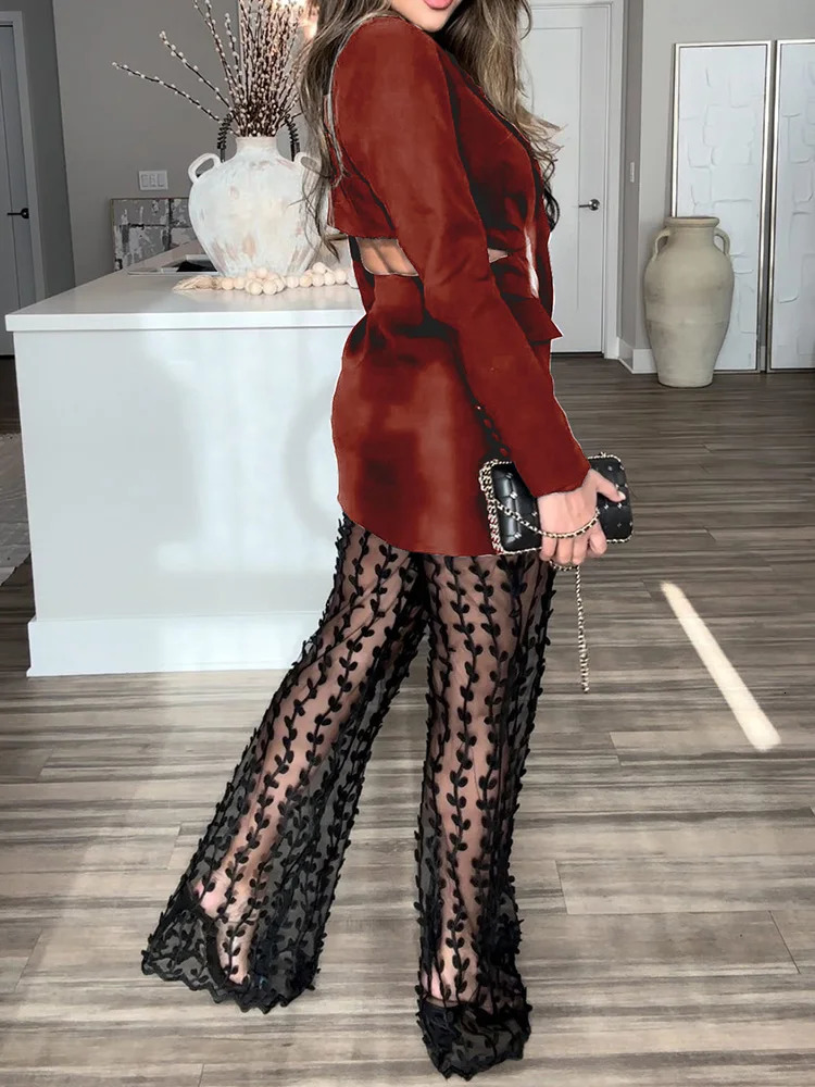 Holiday Long Sleeve Cardigan Jacket Matching Sets Women Spring Summer Zipper Trousers Outfit Deep V Neck Ladies Suits 250207