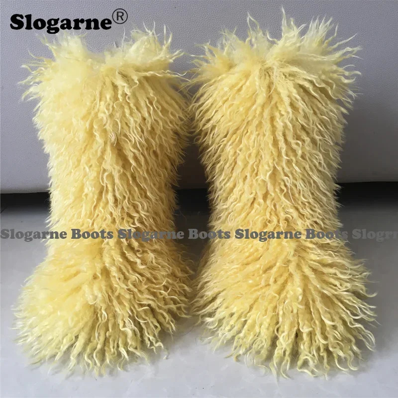 2024 Women Winter Snow Boots Outdoor Faux Wool Furry Curly Fur Woman Plush Warm 3CM Platform Shoes Large Size 250118