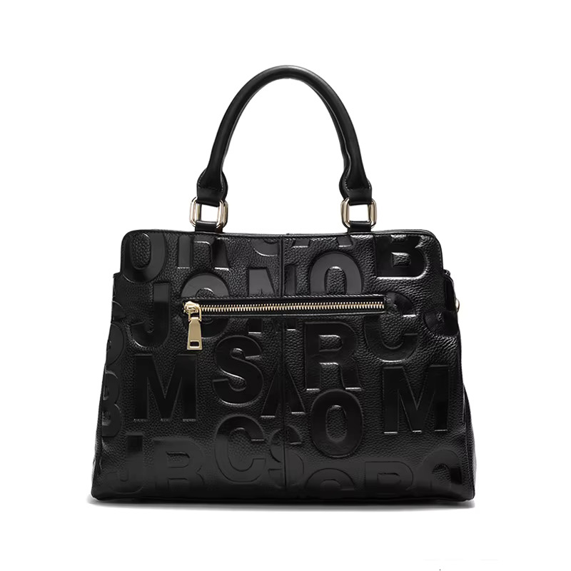 Aidrani letter printed genuine leather women's handbag with large capacity black cowhide single shoulder crossbody bag