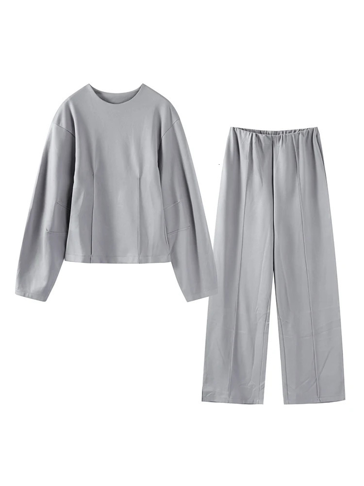 Casual Solid Top Pants Women Set Fashion Long Sleeve O-neck Pleated Tops Wide Leg Trousers Autumn Vacation Lady Suit 250207