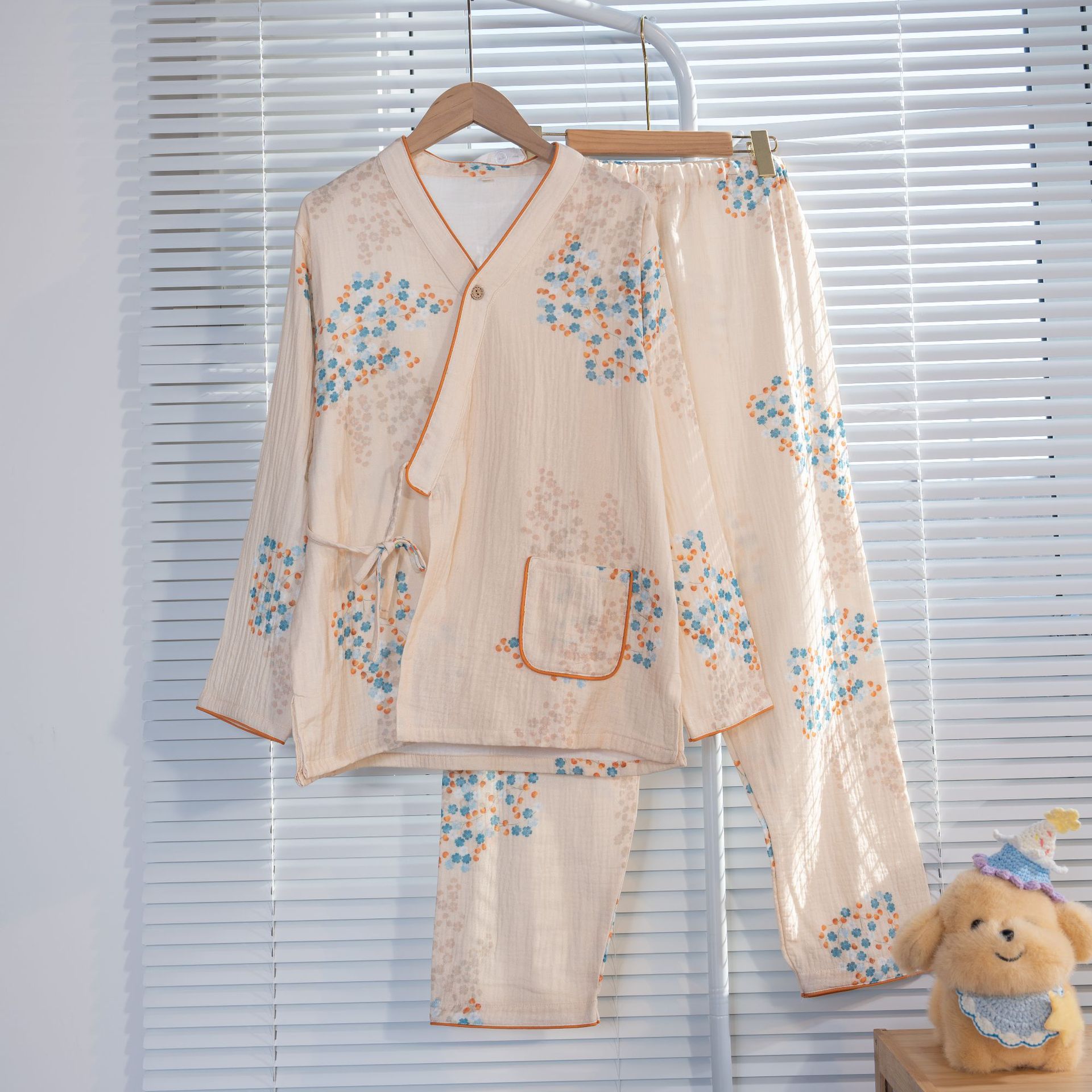 B890-Ice silk pajamas girls style printed cardigan small lapel tie long sleeve pastoral style small floral home clothes spring and summer