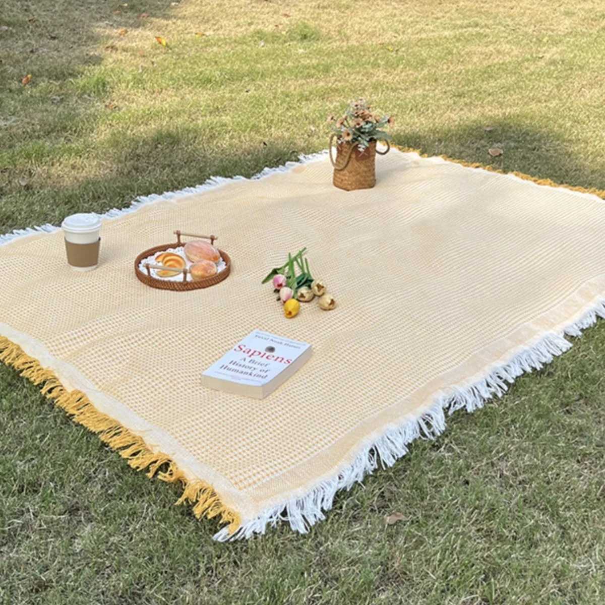Picnic Blanket with Tassel Camping Mat Lawn Pad for Outdoor Travel Portable Knitting Tablecloth Nap Bedspread Y250210