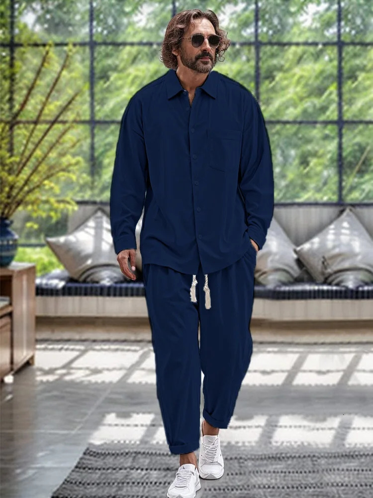Spring and autumn mens fashion trend quality cotton linen shirt casual loose solid color lapel long sleeve trousers two sets 250208