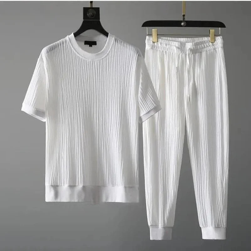 Men Outfit Set Summer Thin Short Sleeve T Shirts 2 Piece Tracksuit Korean Fashion O Neck Pullovers Sport Clothes 250207