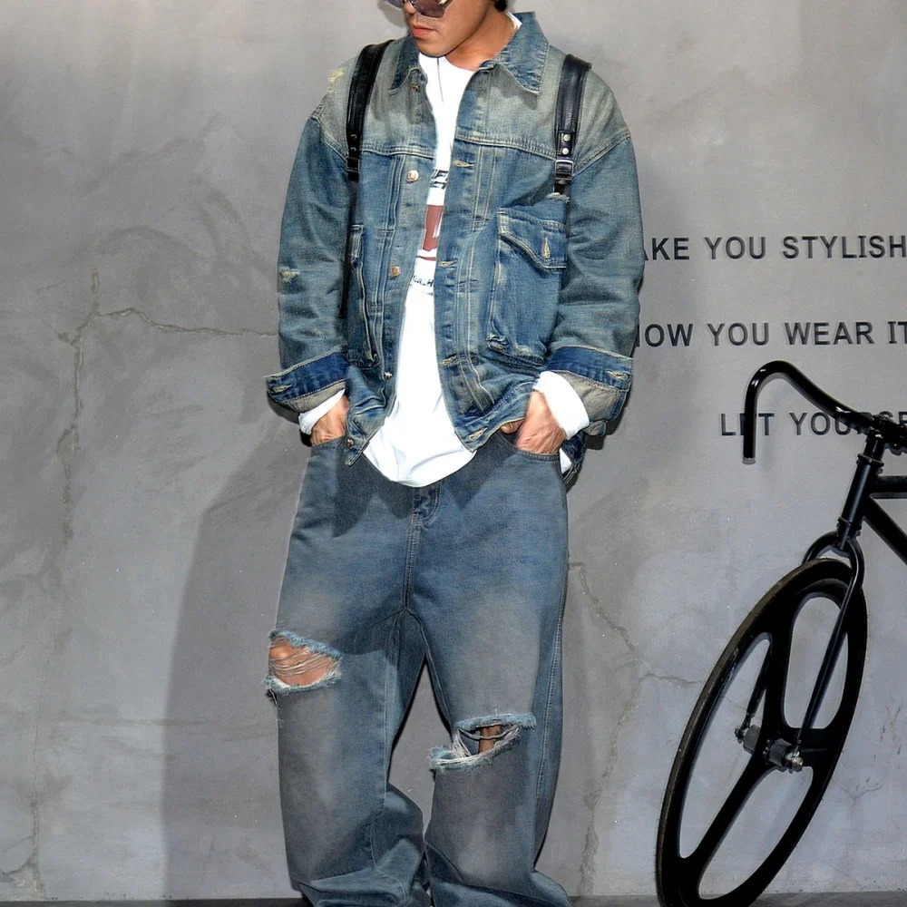 High Quality American Streetwear Denim Jacket Mens Clothing Korean Fashion Hip Hop Jean Loose Distressed Blue Coat Male 250207