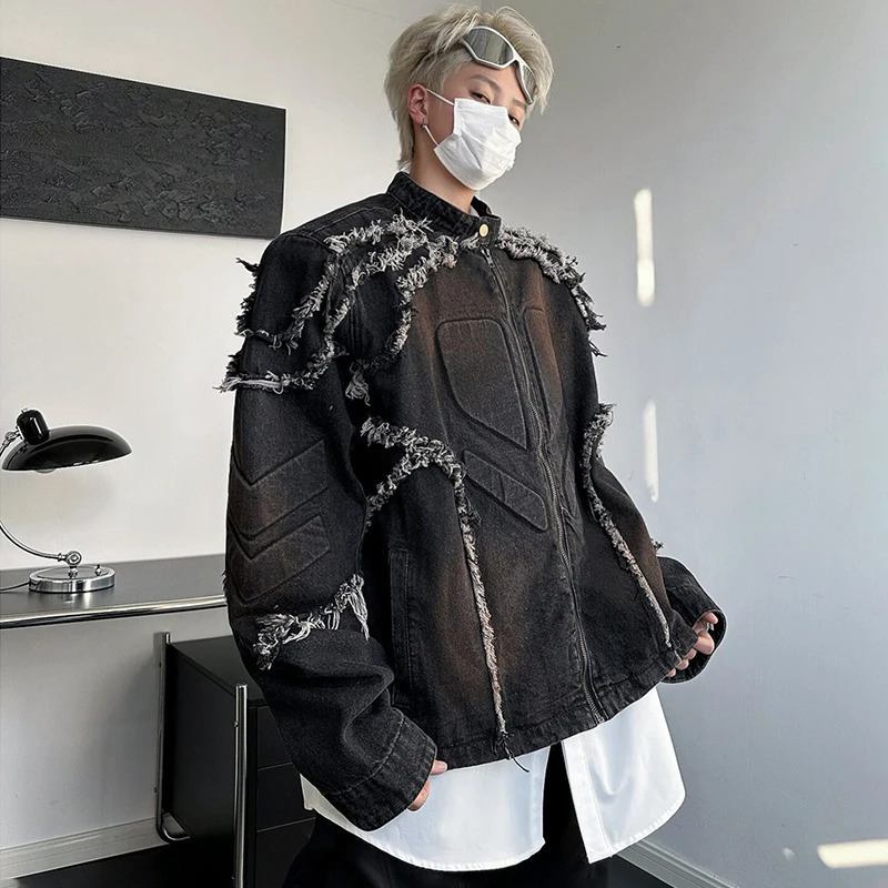 LUZHEN American Tassel Burr Shoulder Pad Motorcycle Jacket Wornout Personalized High Street Short Denim Top Men LZ8149 250207