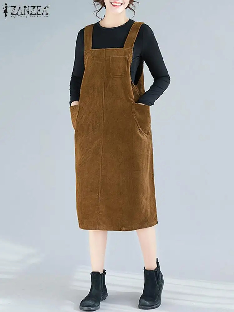 ZANZEA Womens Corduroy Dress Retro Shoulder Strap Sundress Autumn Solid Sleeveless Pocket Midi Vestidos Pendant 250207