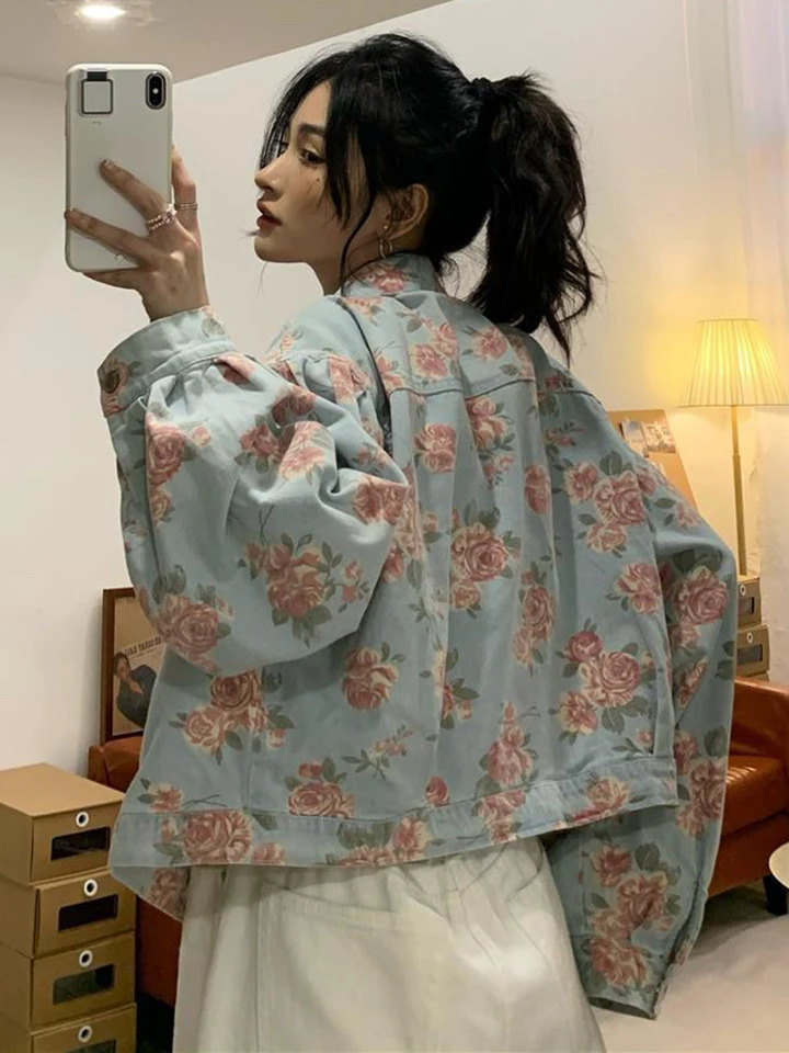 Jmprs Vintage Rose Floral Denim Jacket Korean Loose Elegant Short Coat Sweet Long Sleeve Casual Lady Retro Harajuku Tops 250113