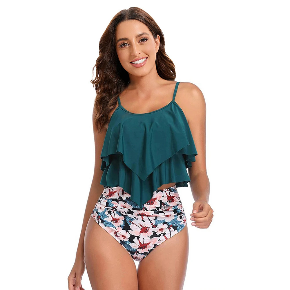 8 Colors Women Ruffled Tankini Set Padded Top With Adjustable Shoulder Straps Elastic Slim Knitted High Waisted Beachwear 250206