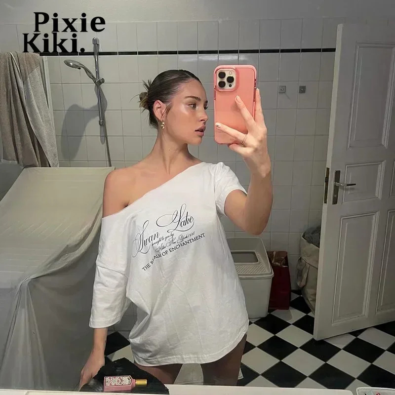 PixieKiki Letter Print Graphic T Shirts White Oversized One Shoulder Tops Womens Summer Fashion Clothing Trends 2024 P71-BG14 250122