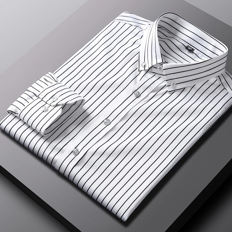 Mens business striped slightly elastic slim-fit fashionable casual comfortable handsome long-sleeved shirt classic formal wear 250207