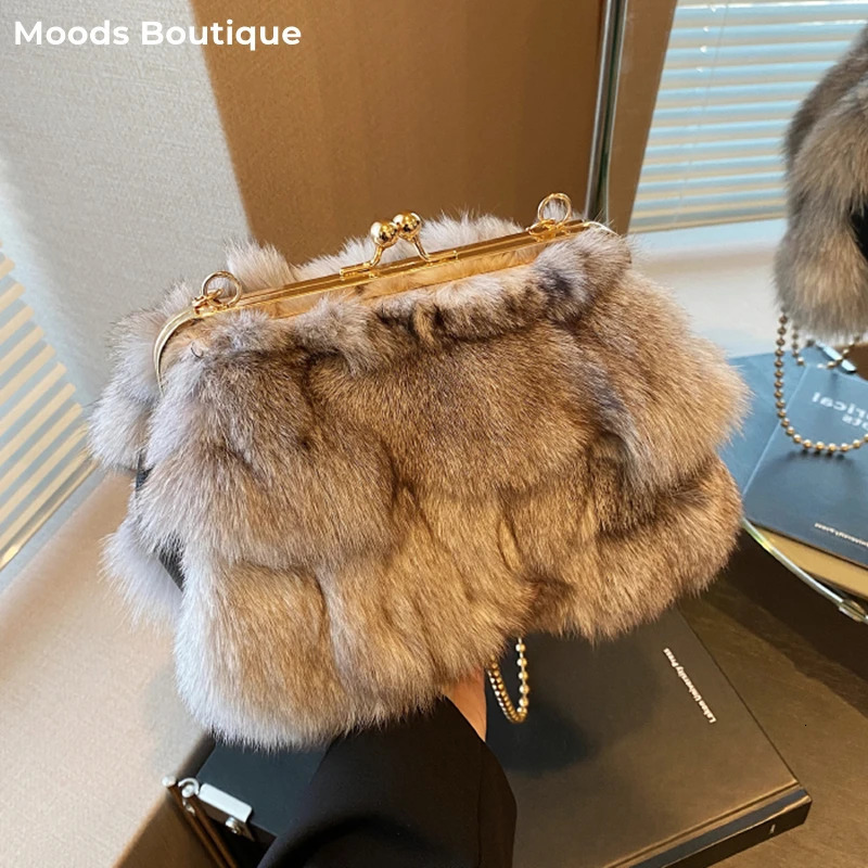 MOODS Soft Plush Evening Bags For Elegant Women Fox Fur Dinner Party Clutch Chain Crossbody Winter Warm er Handbags 250122